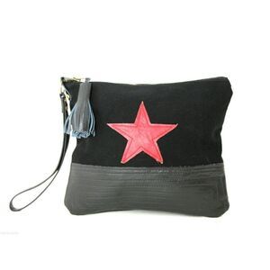 LARGE REBEL HANDMADE MURKA BLACK CANVAS RED STAR LEATHER WRISTLET CLUTCH HANDBAG